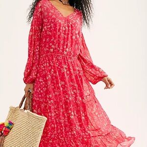Red Floral V-Neck Long Sleeve Maxi Dress